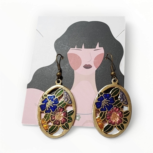 Vintage Cloisonne Enamel 90s Floral Earrings - Picture 3 of 6